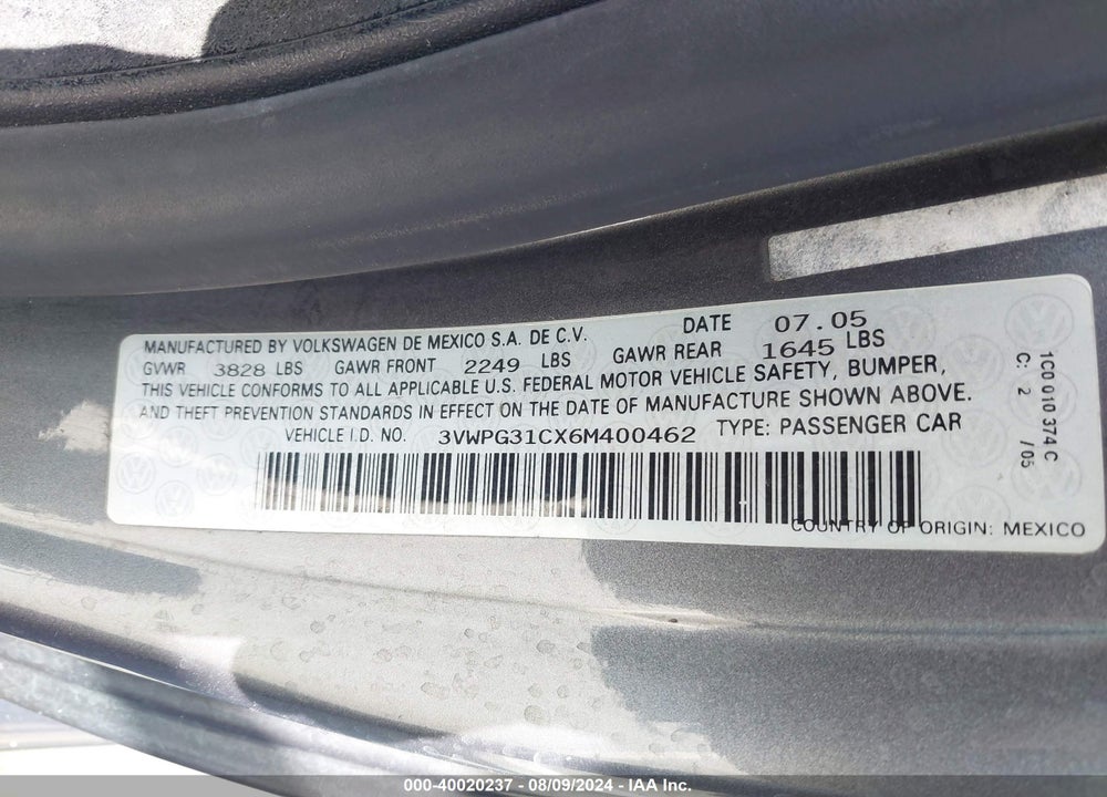 2006 VOLKSWAGEN NEW BEETLE VIN: 3VWPG31CX6M400462