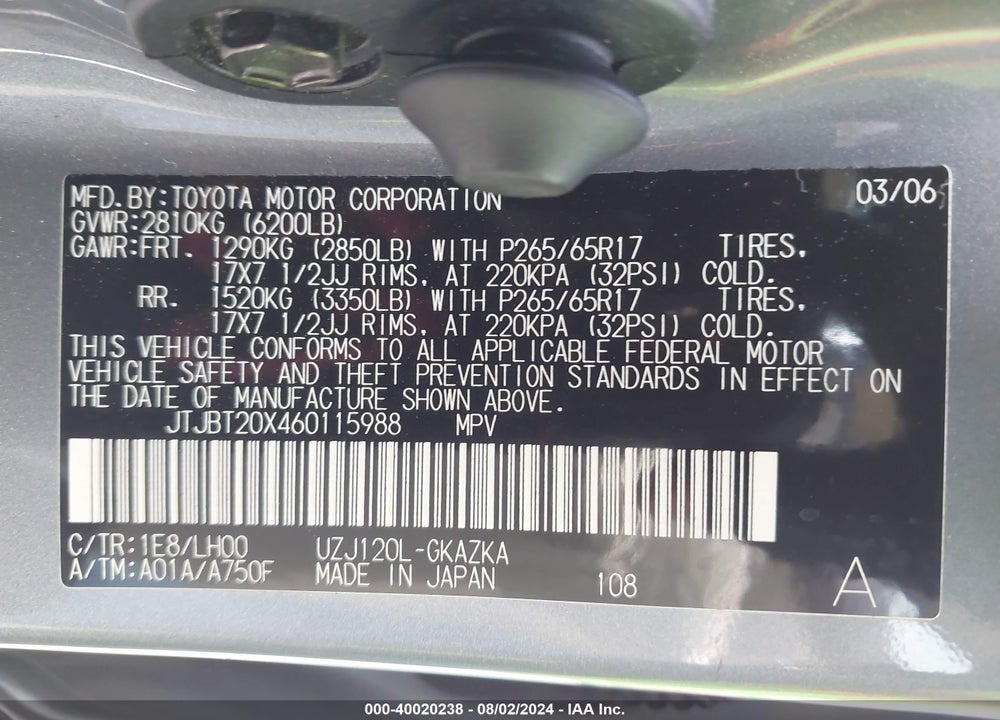 2006 LEXUS GX 470 VIN: JTJBT20X460115988