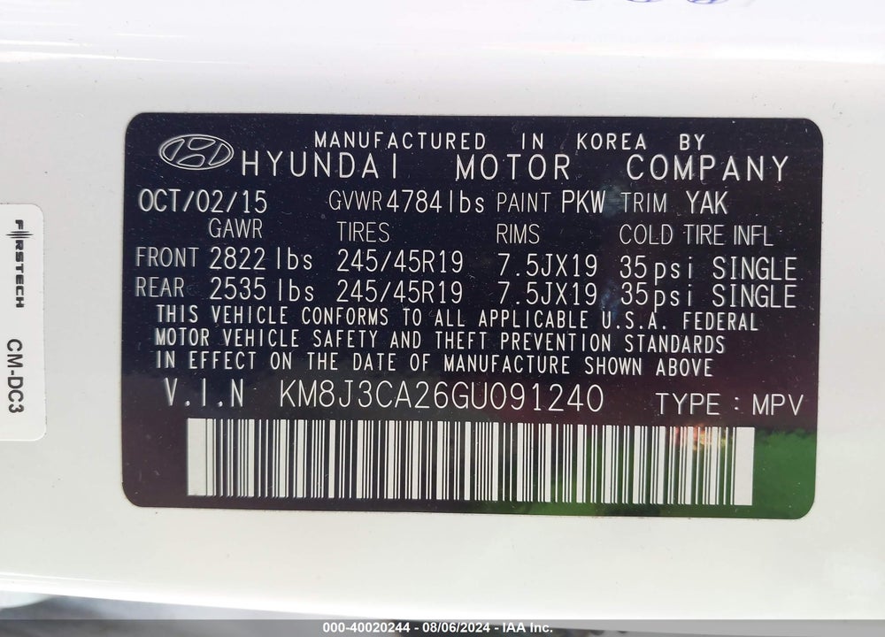 2016 HYUNDAI TUCSON LIMITED VIN: KM8J3CA26GU091240