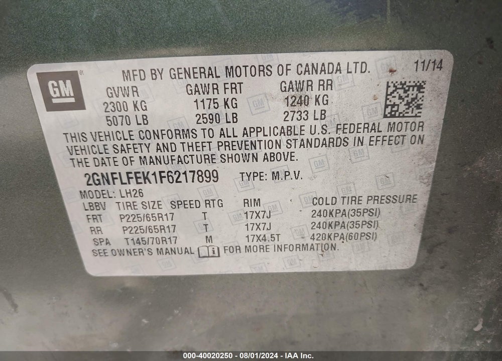 2015 CHEVROLET EQUINOX 1LT VIN: 2GNFLFEK1F6217899