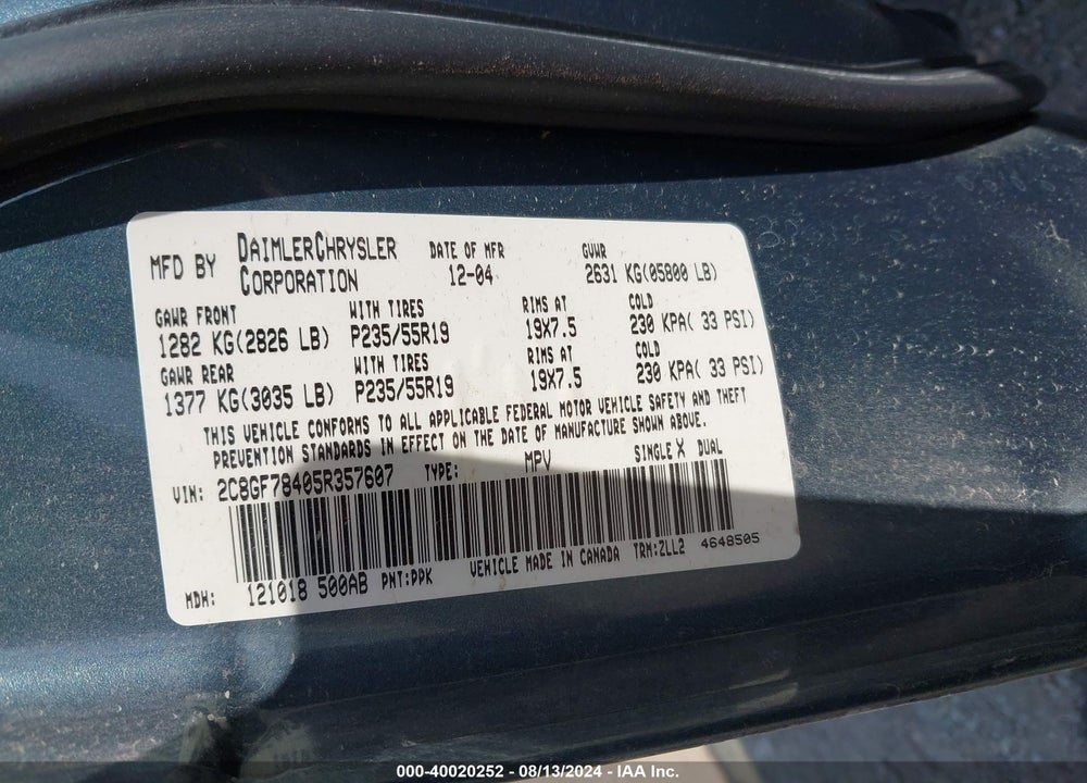 2005 CHRYSLER PACIFICA LIMITED VIN: 2C8GF78405R357607