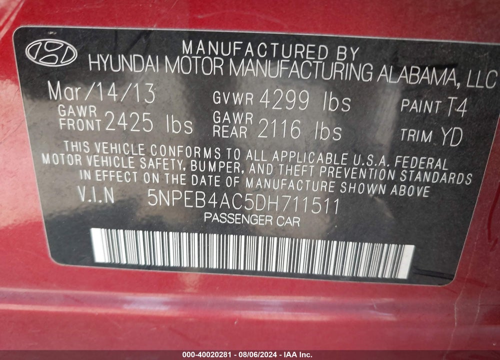 2013 HYUNDAI SONATA GLS VIN: 5NPEB4AC5DH711511