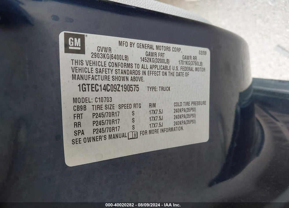 2009 GMC SIERRA 1500 WORK TRUCK VIN: 1GTEC14C09Z190575