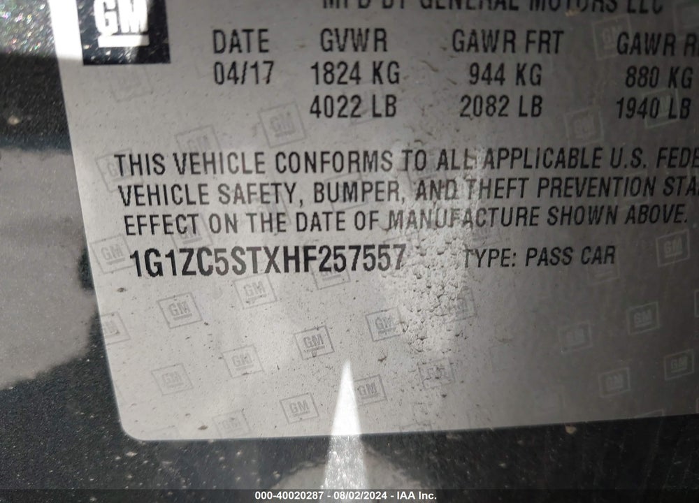 2017 CHEVROLET MALIBU 1FL VIN: 1G1ZC5STXHF257557