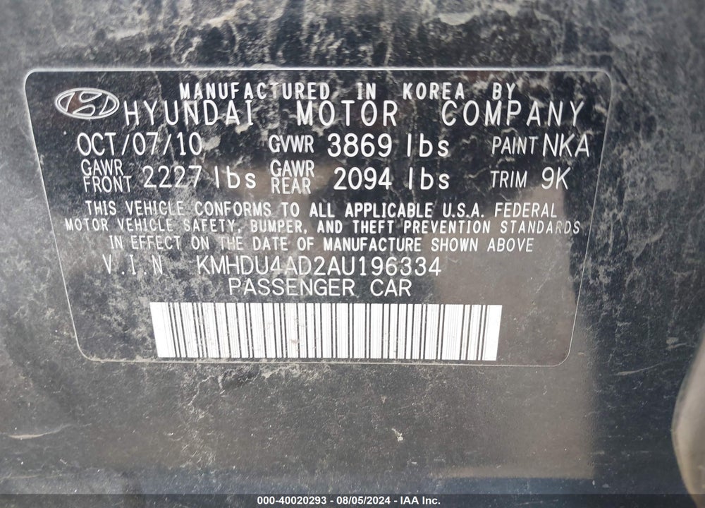 2010 HYUNDAI ELANTRA GLS VIN: KMHDU4AD2AU196334
