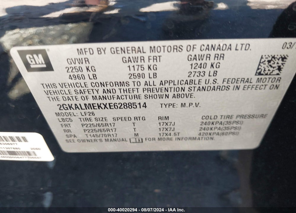 2014 GMC TERRAIN SLE-1 VIN: 2GKALMEKXE6288514