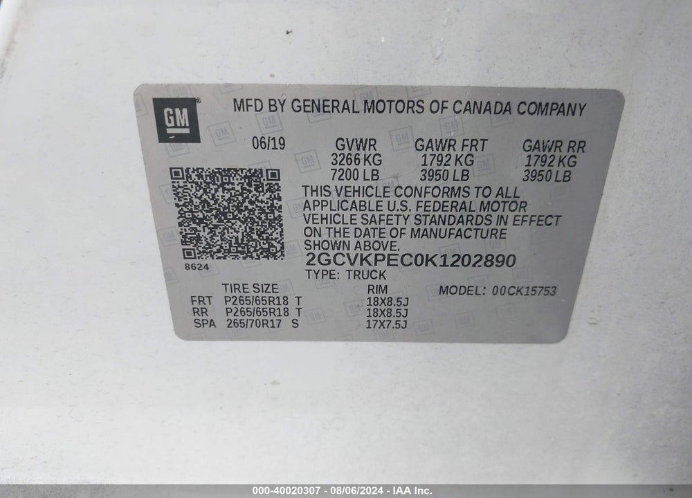 2019 CHEVROLET SILVERADO 1500 LD LT VIN: 2GCVKPEC0K1202890