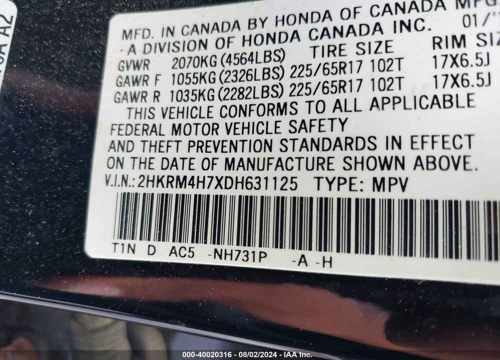 2013 HONDA CR-V VIN: 2HKRM4H7XDH631125