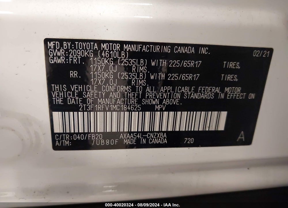 2021 TOYOTA RAV4 LE VIN: 2T3F1RFV1MC184625