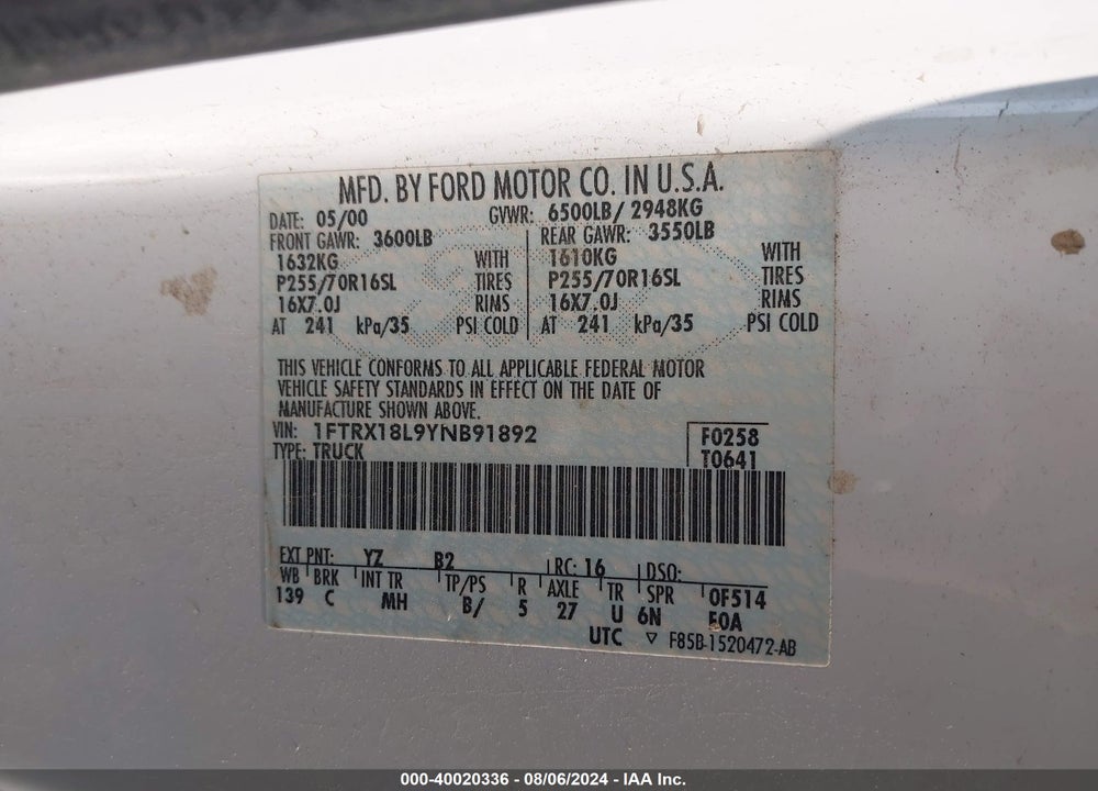 2000 FORD F-150 LARIAT/WORK SERIES/XL/XLT VIN: 1FTRX18L9YNB91892