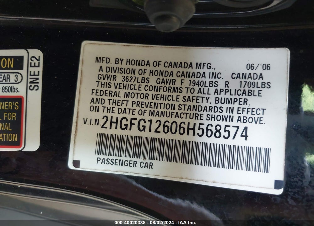 2006 HONDA CIVIC LX VIN: 2HGFG12606H568574