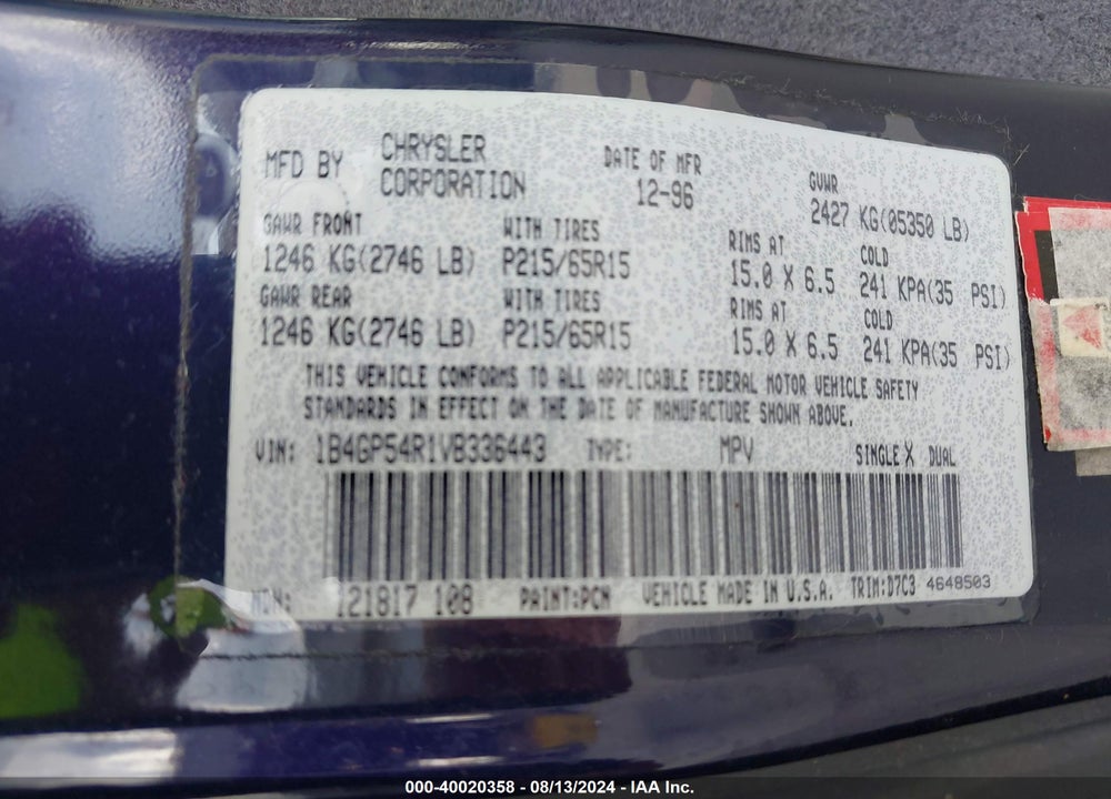 1997 DODGE GRAND CARAVAN ES/LE VIN: 1B4GP54R1VB336443