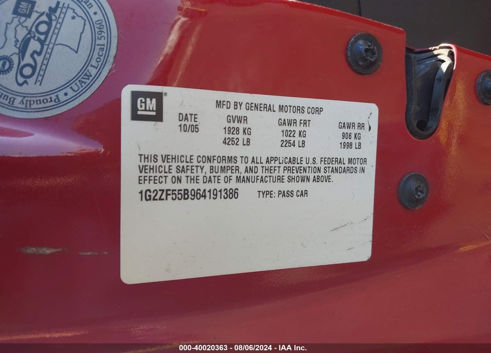 2006 PONTIAC G6 VIN: 1G2ZF55B964191386