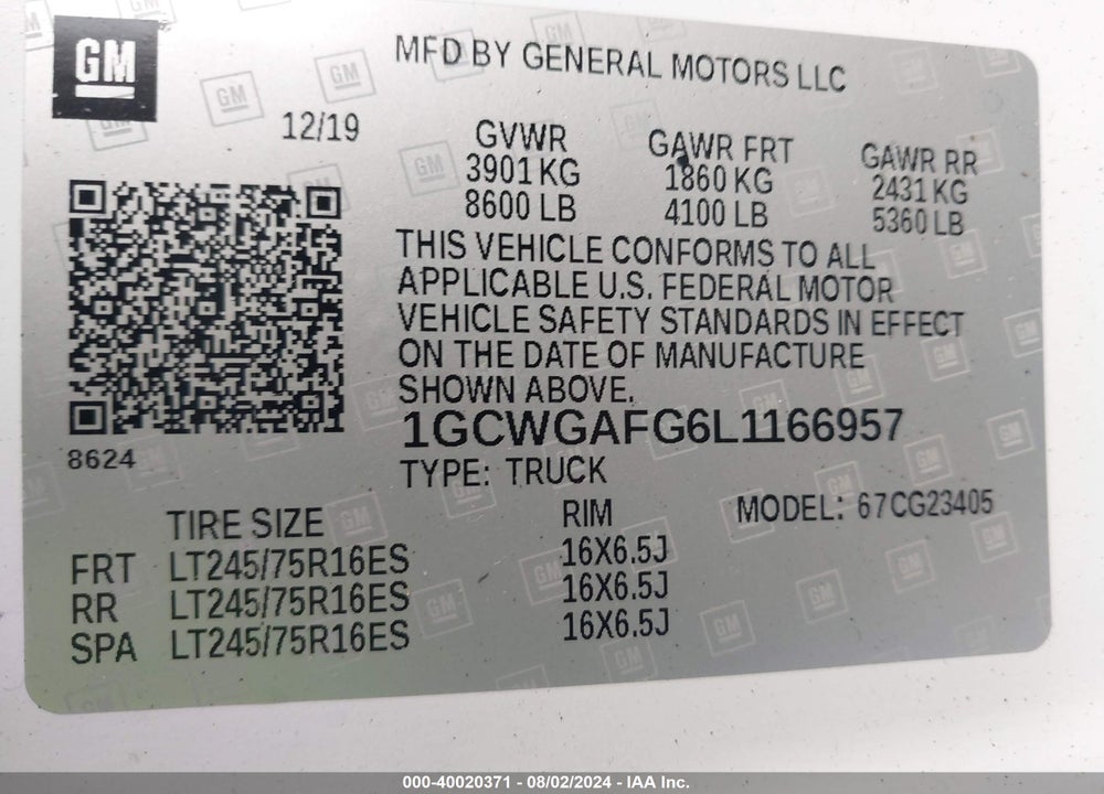 2020 CHEVROLET EXPRESS CARGO RWD 2500 REGULAR WHEELBASE WT VIN: 1GCWGAFG6L1166957