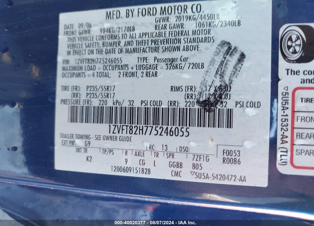 2007 FORD MUSTANG GT DELUXE/GT PREMIUM VIN: 1ZVFT82H775246055