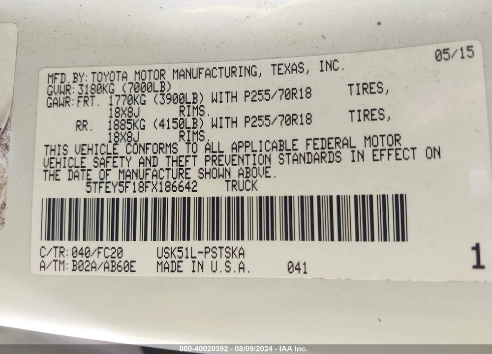 2015 TOYOTA TUNDRA VIN: 5TFEY5F18FX186642