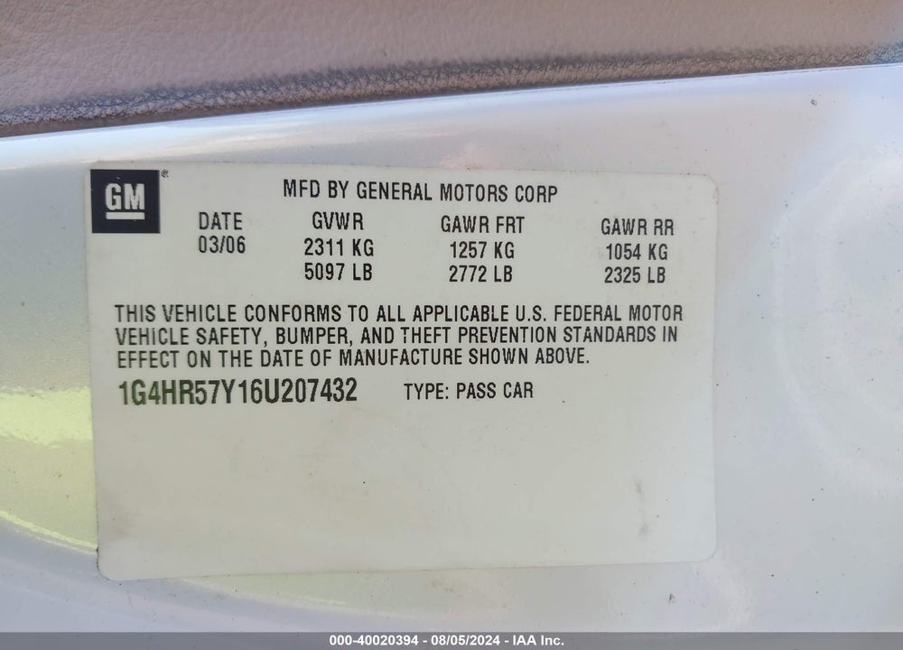 2006 BUICK LUCERNE CXL VIN: 1G4HR57Y16U207432