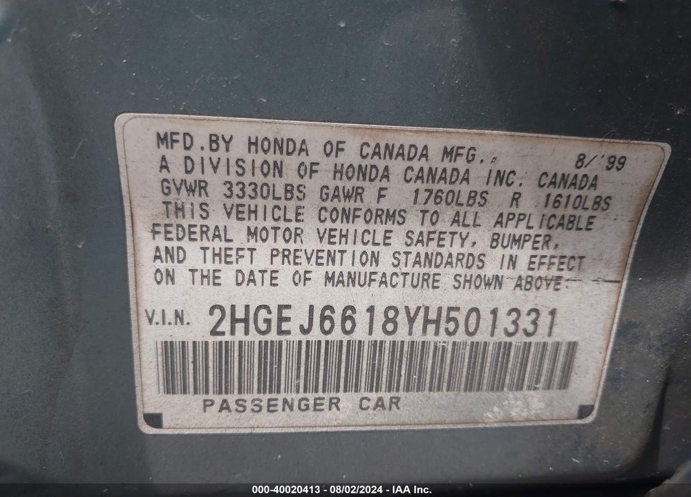 2000 HONDA CIVIC VALUE PACKAGE VIN: 2HGEJ6618YH501331