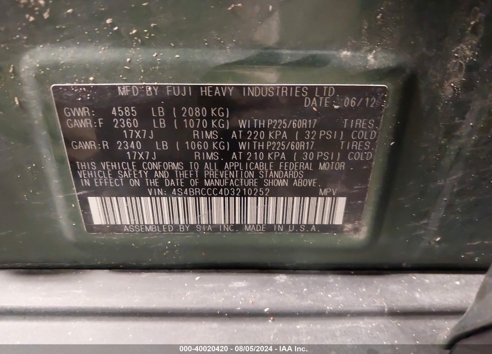 2013 SUBARU OUTBACK 2.5I PREMIUM VIN: 4S4BRCCC4D3210252