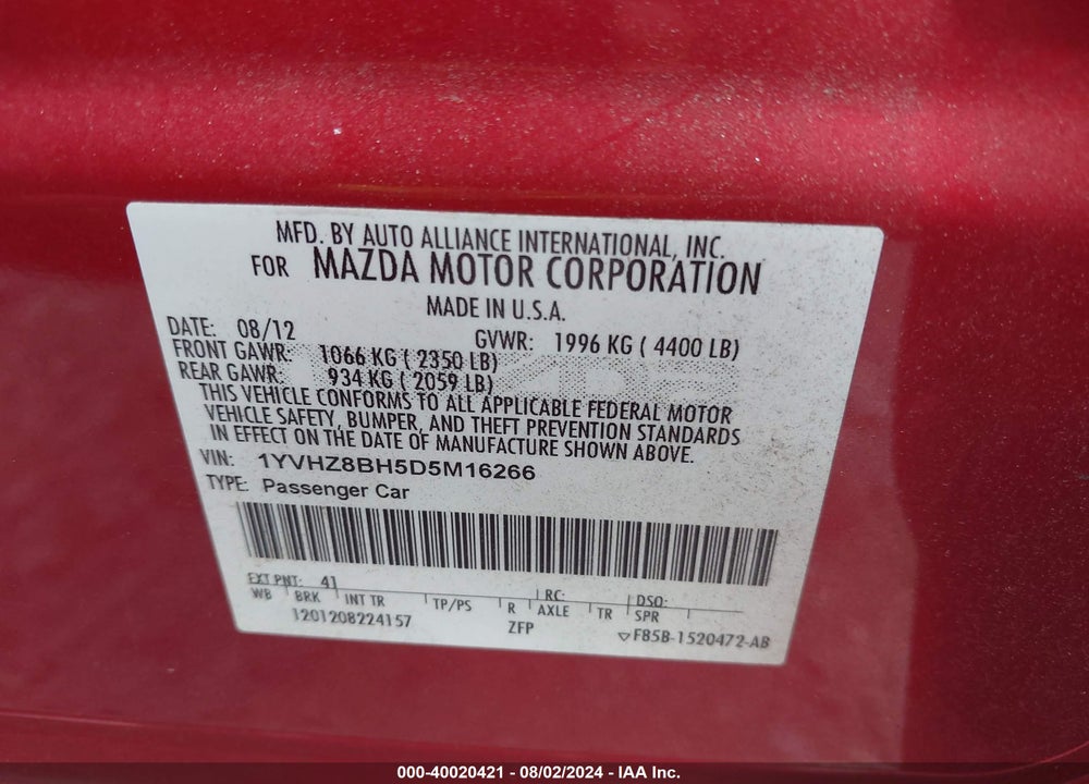 2013 MAZDA 6 I SPORT VIN: 1YVHZ8BH5D5M16266