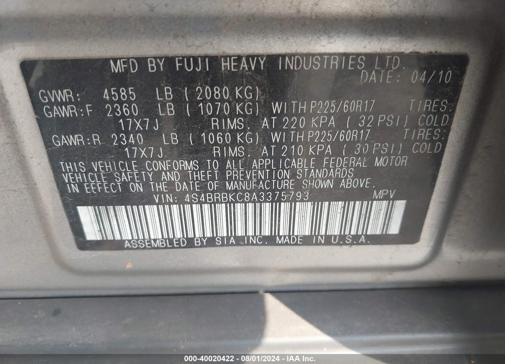 2010 SUBARU OUTBACK 2.5I LIMITED VIN: 4S4BRBKC8A3375793