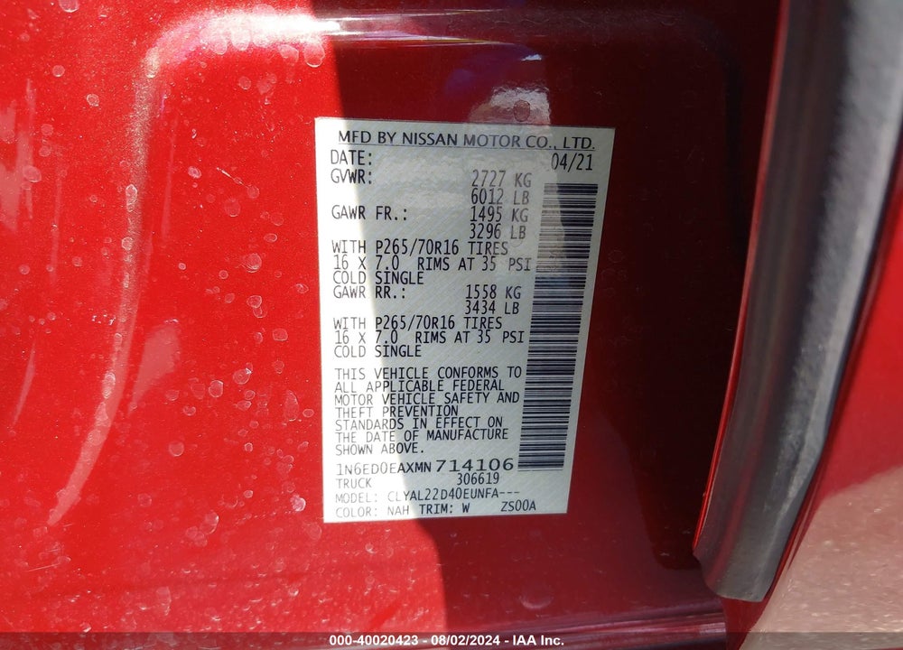 2021 NISSAN FRONTIER SV 4X2 VIN: 1N6ED0EAXMN714106