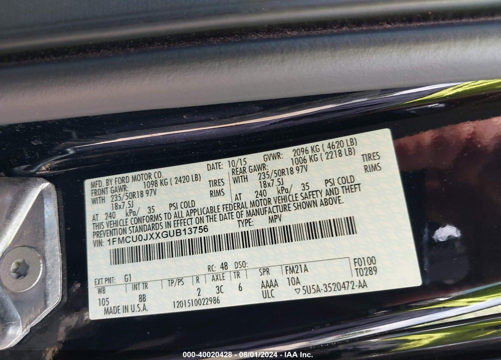 2016 FORD ESCAPE TITANIUM VIN: 1FMCU0JXXGUB13756