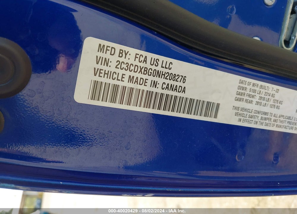 2022 DODGE CHARGER SXT RWD VIN: 2C3CDXBG0NH208276