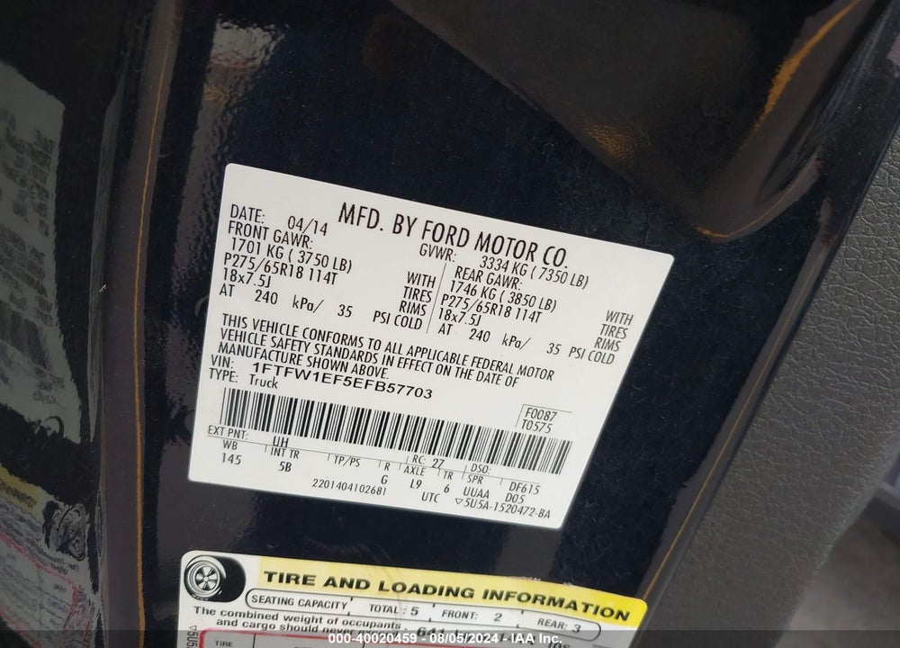 2014 FORD F-150 FX4 VIN: 1FTFW1EF5EFB57703