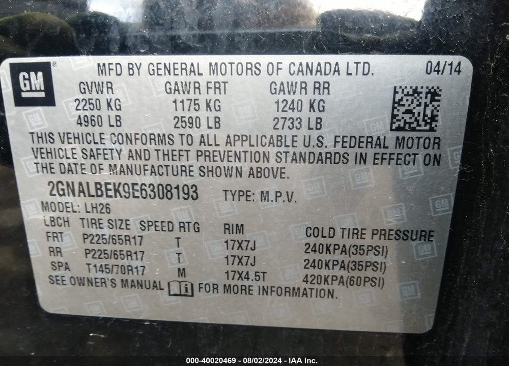 2014 CHEVROLET EQUINOX 1LT VIN: 2GNALBEK9E6308193