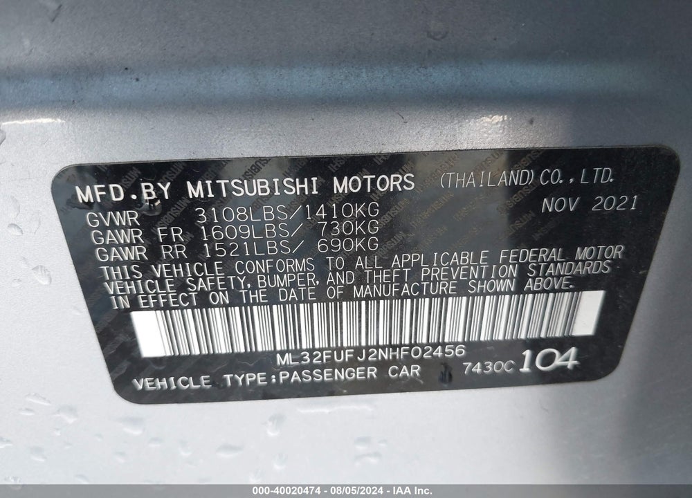 2022 MITSUBISHI MIRAGE G4 BLACK EDITION/ES/LE VIN: ML32FUFJ2NHF02456