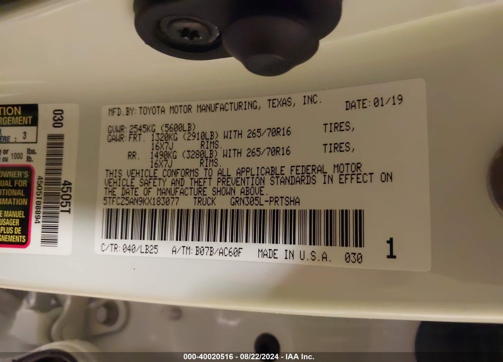 2019 TOYOTA TACOMA TRD PRO VIN: 5TFCZ5AN9KX183077