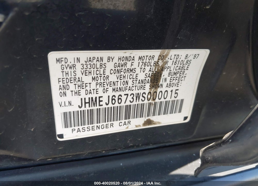 1998 HONDA CIVIC LX VIN: JHMEJ6673WS000015