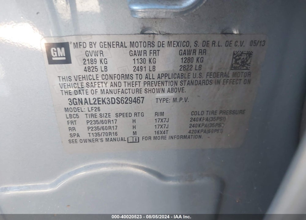 2013 CHEVROLET CAPTIVA SPORT 2LS VIN: 3GNAL2EK3DS629467