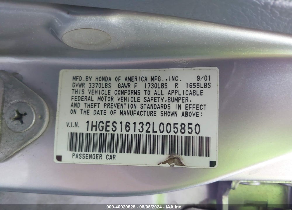 2002 HONDA CIVIC DX VIN: 1HGES16132L005850