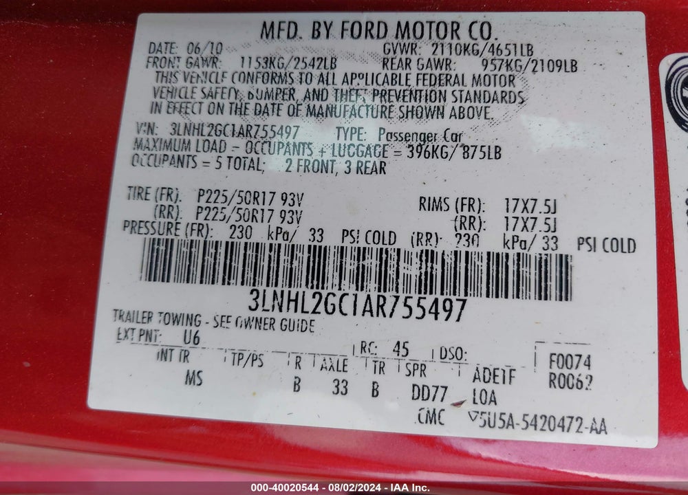 2010 LINCOLN MKZ VIN: 3LNHL2GC1AR755497