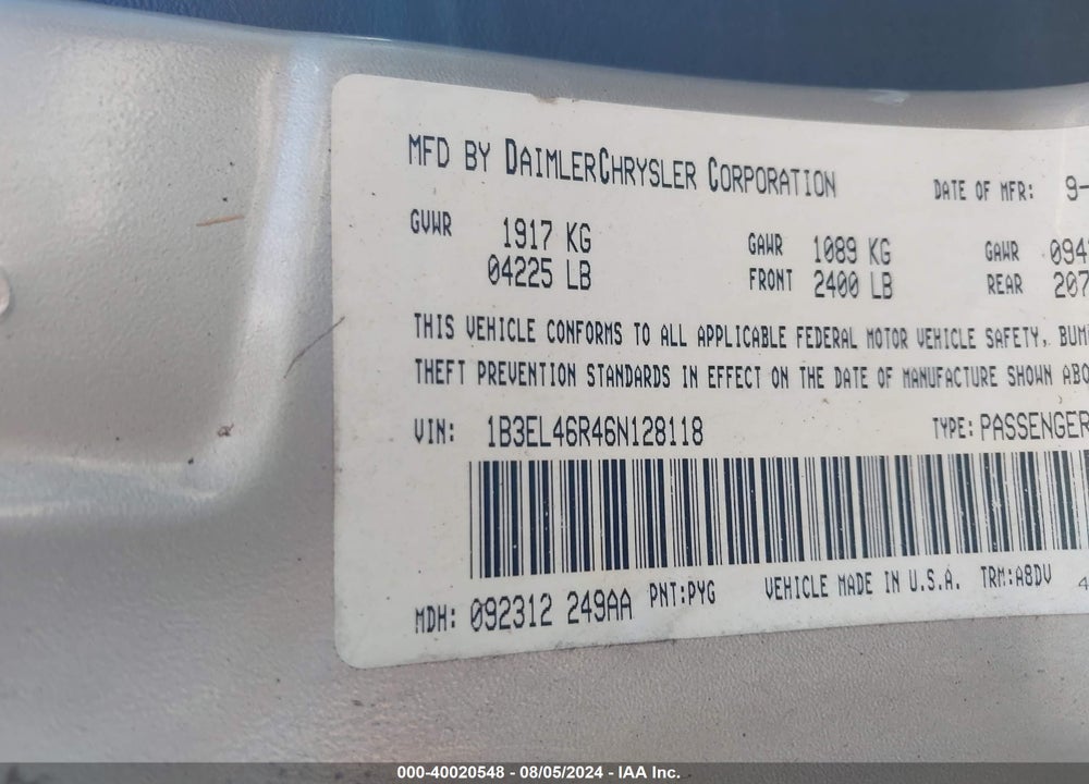 2006 DODGE STRATUS SXT VIN: 1B3EL46R46N128118