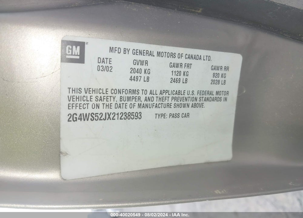 2002 BUICK CENTURY CUSTOM VIN: 2G4WS52JX21238593