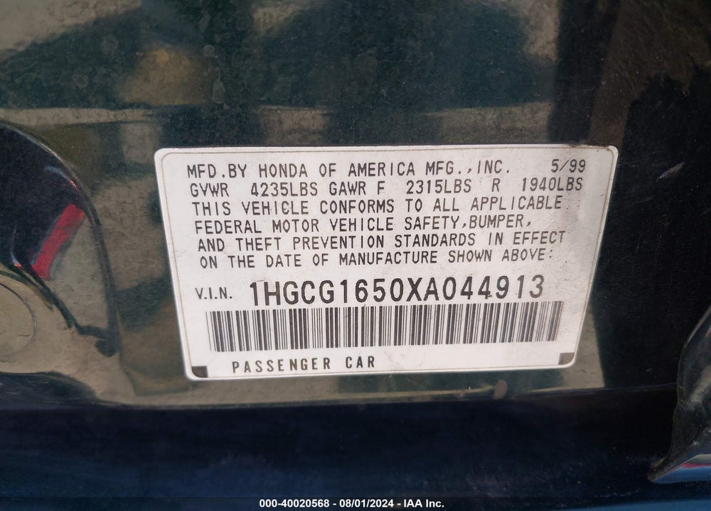 1999 HONDA ACCORD EX V6 VIN: 1HGCG1650XA044913
