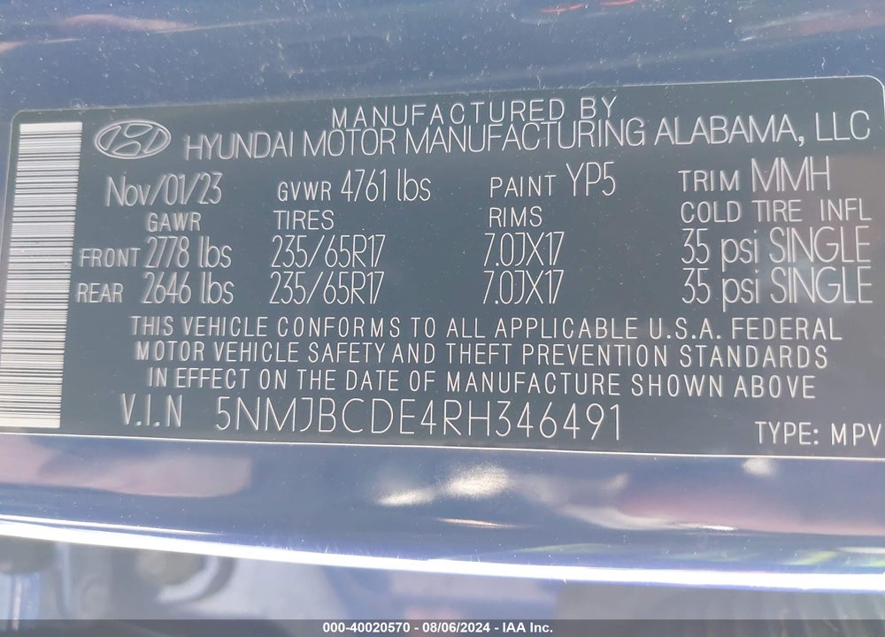 2024 HYUNDAI TUCSON SEL VIN: 5NMJBCDE4RH346491