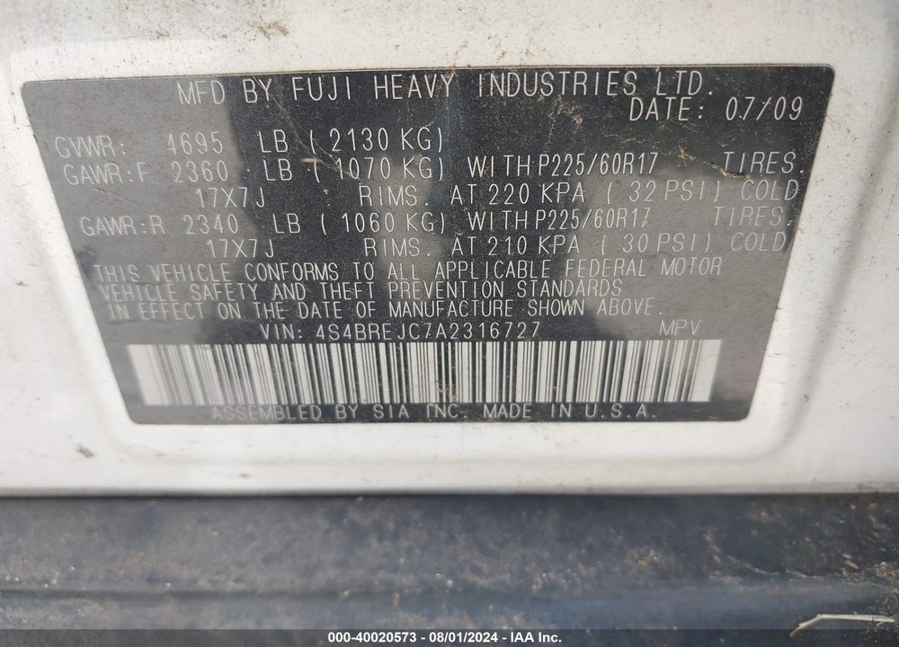 2010 SUBARU OUTBACK 3.6R LIMITED VIN: 4S4BREJC7A2316727