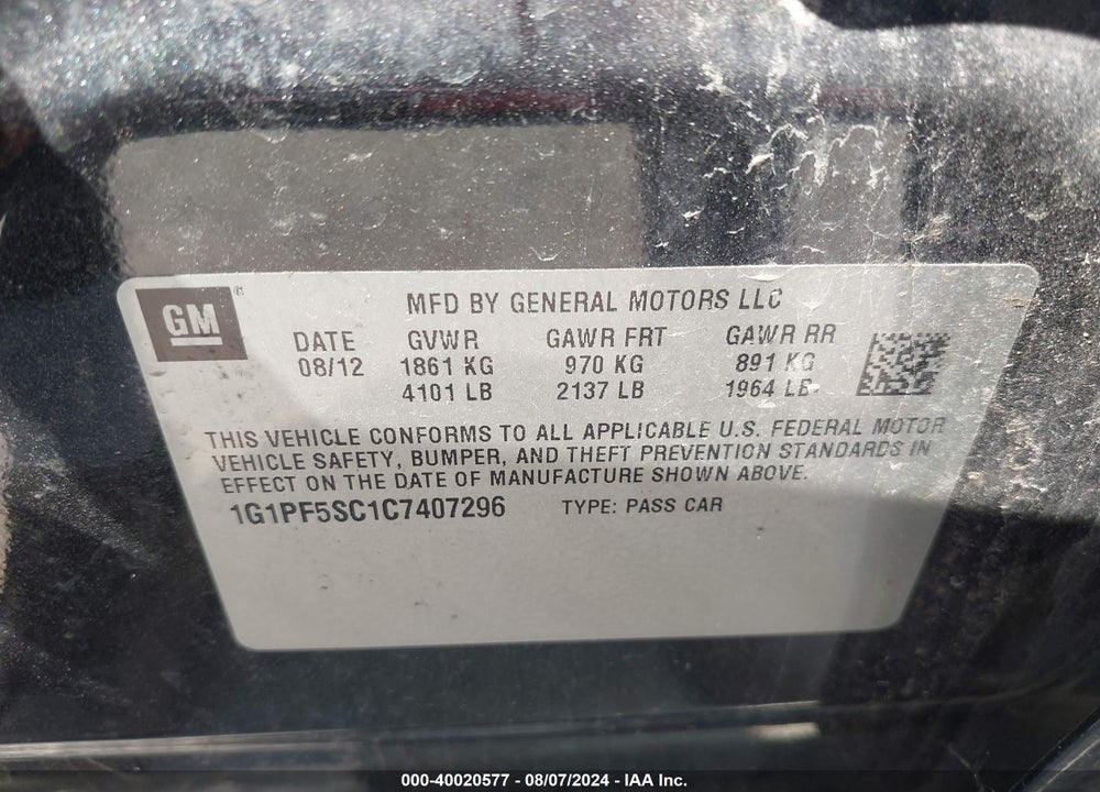 2012 CHEVROLET CRUZE 1LT VIN: 1G1PF5SC1C7407296