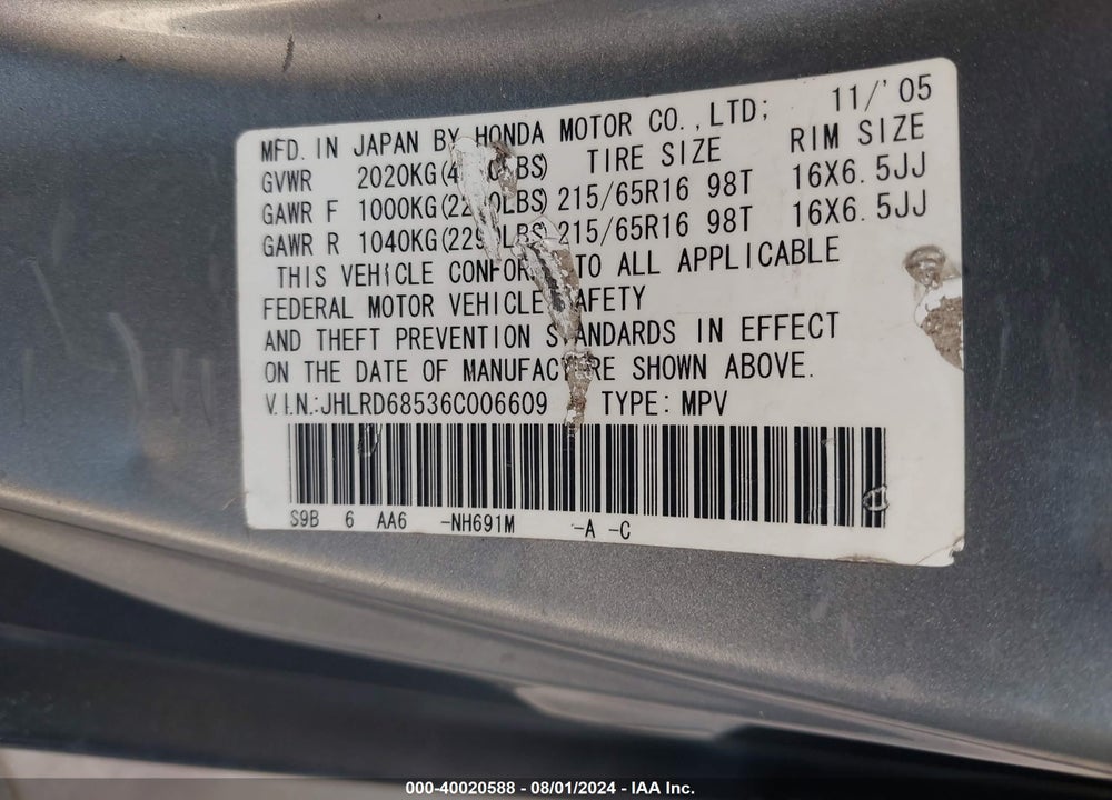 2006 HONDA CR-V LX VIN: JHLRD68536C006609
