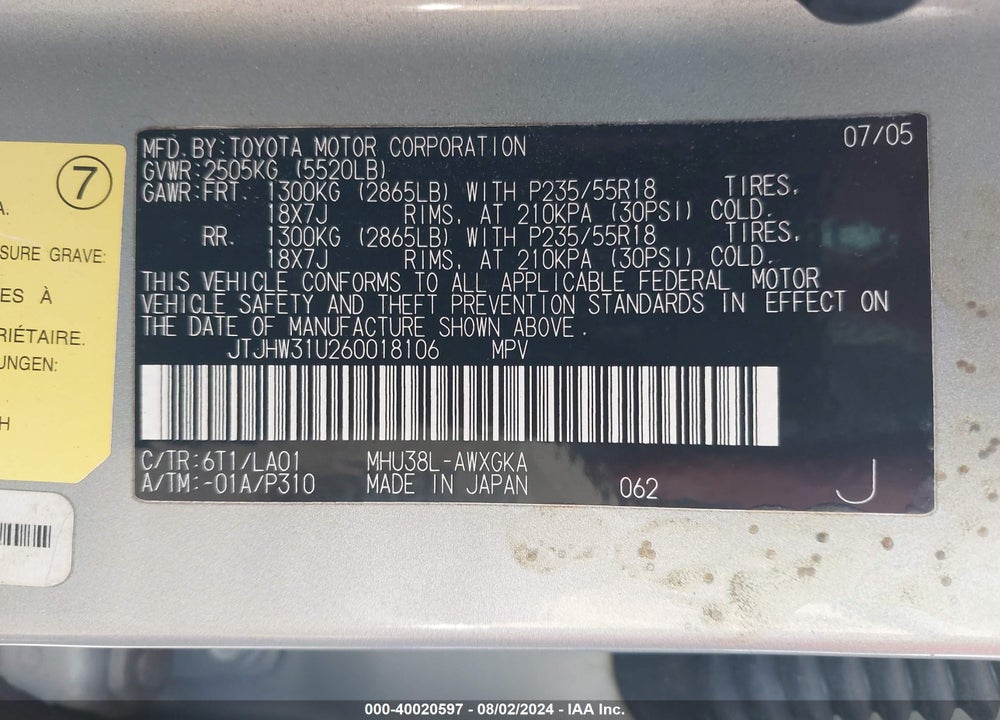 2006 LEXUS RX 400H VIN: JTJHW31U260018106