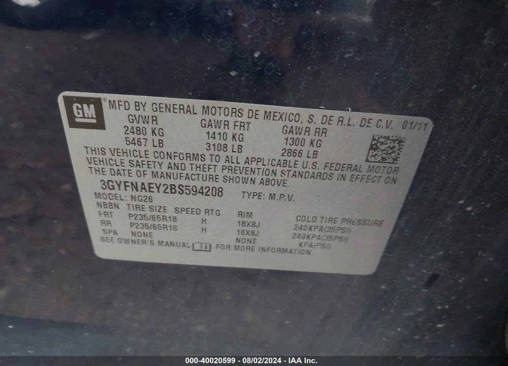 2011 CADILLAC SRX LUXURY COLLECTION VIN: 3GYFNAEY2BS594208
