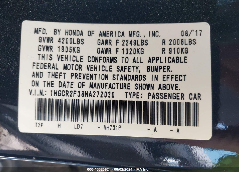 2017 HONDA ACCORD LX VIN: 1HGCR2F38HA272030