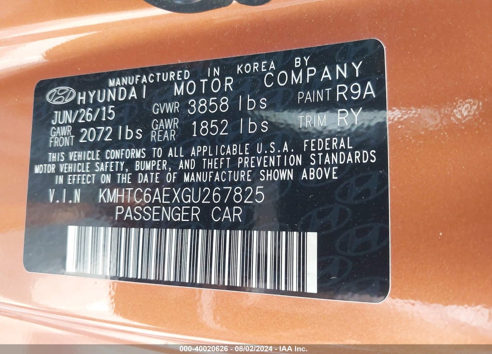 2016 HYUNDAI VELOSTER TURBO VIN: KMHTC6AEXGU267825