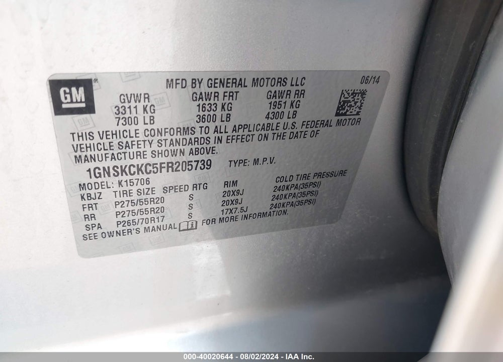 2015 CHEVROLET TAHOE VIN: 1GNSKCKC5FR205739