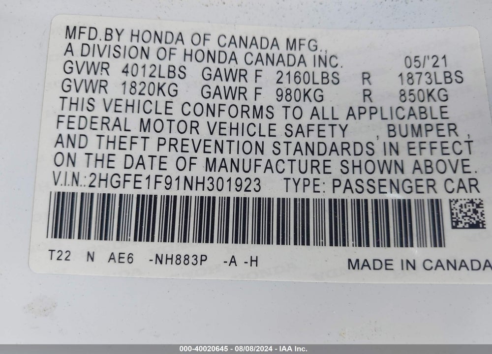 2022 HONDA CIVIC TOURING VIN: 2HGFE1F91NH301923