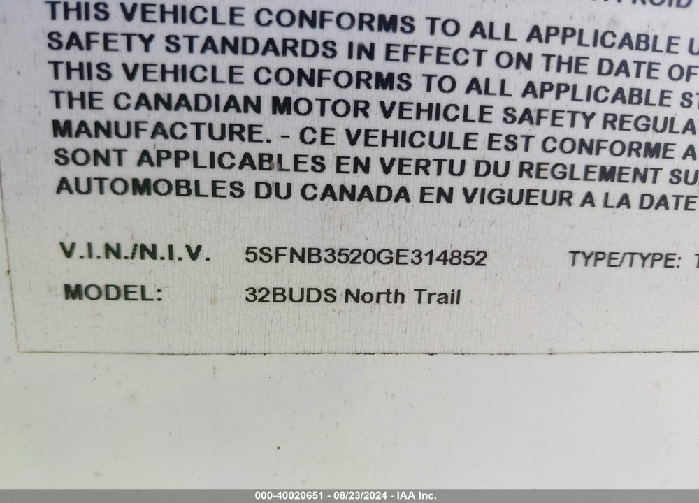 2016 NORTH TRAIL 32BUDS VIN: 5SFNB3520GE314852